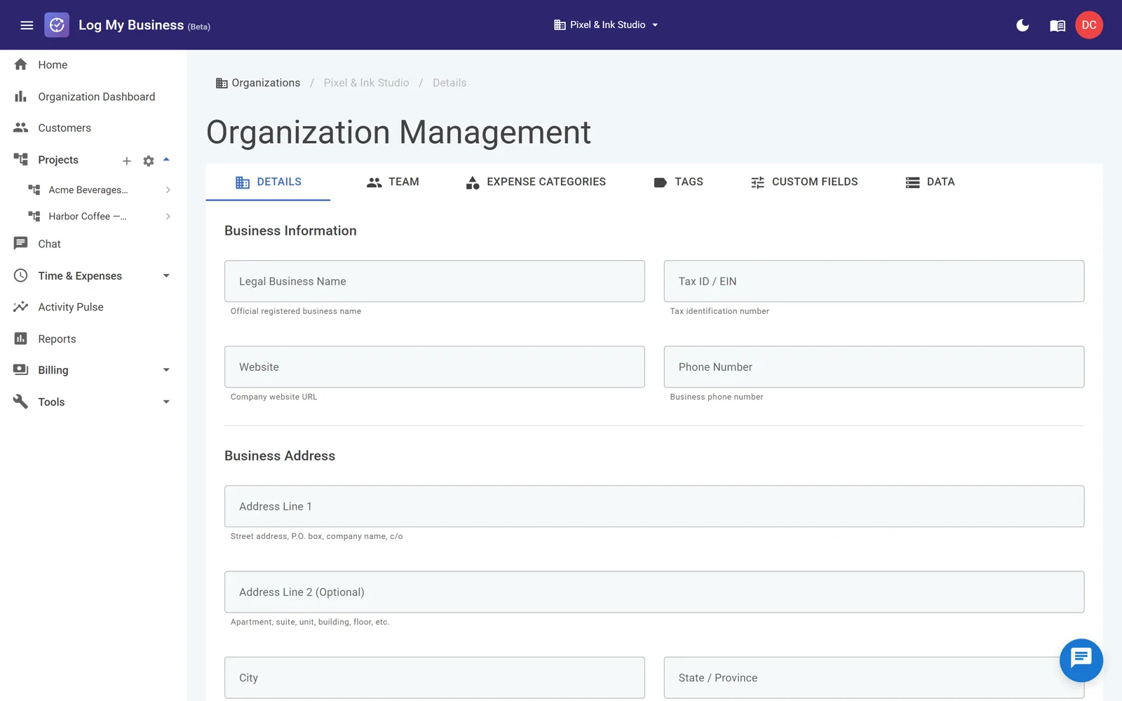 The organization company-details form