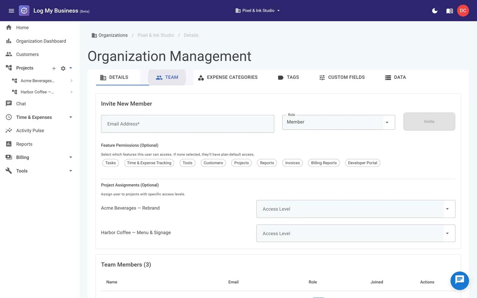 Inviting a team member by email with a role