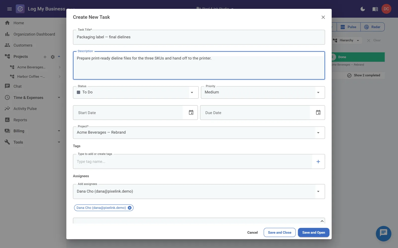 The New Task form with title, status and priority fields