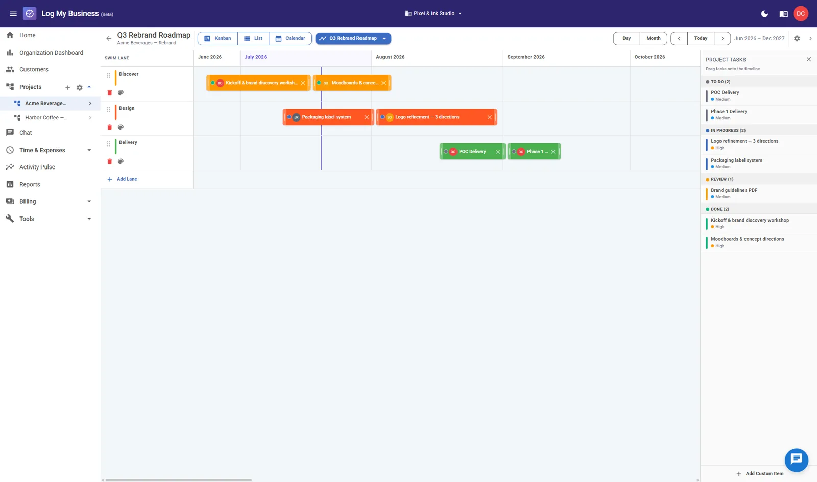 A project timeline with tasks placed across Discover, Design, and Delivery swim lanes