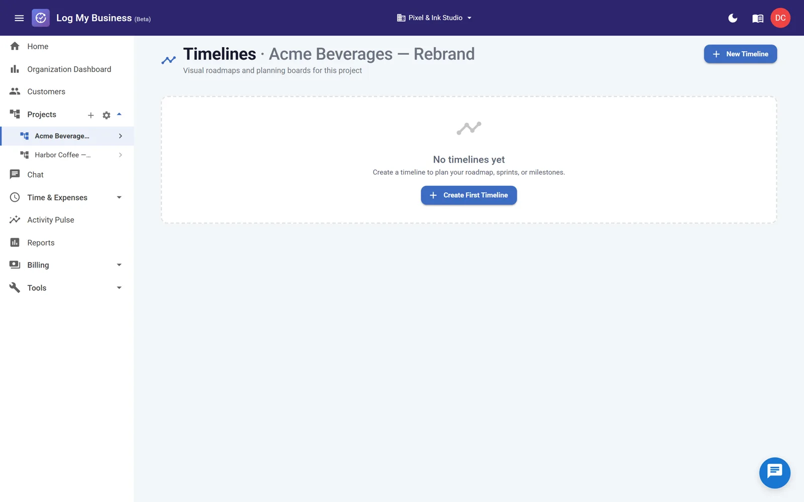 The project Timelines page with the New Timeline button